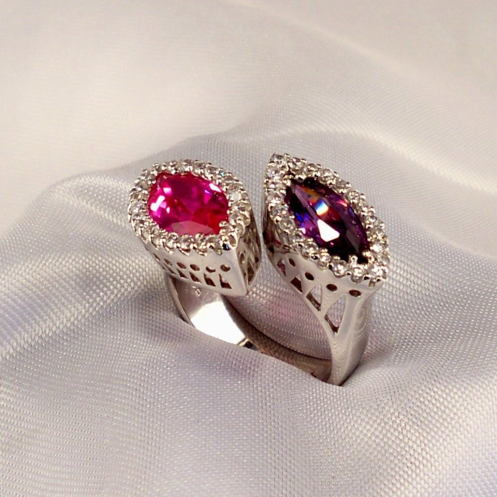 NEW Vintage Charles Winston Pink & Purple Cubic Zirconias Silver Rap Ring